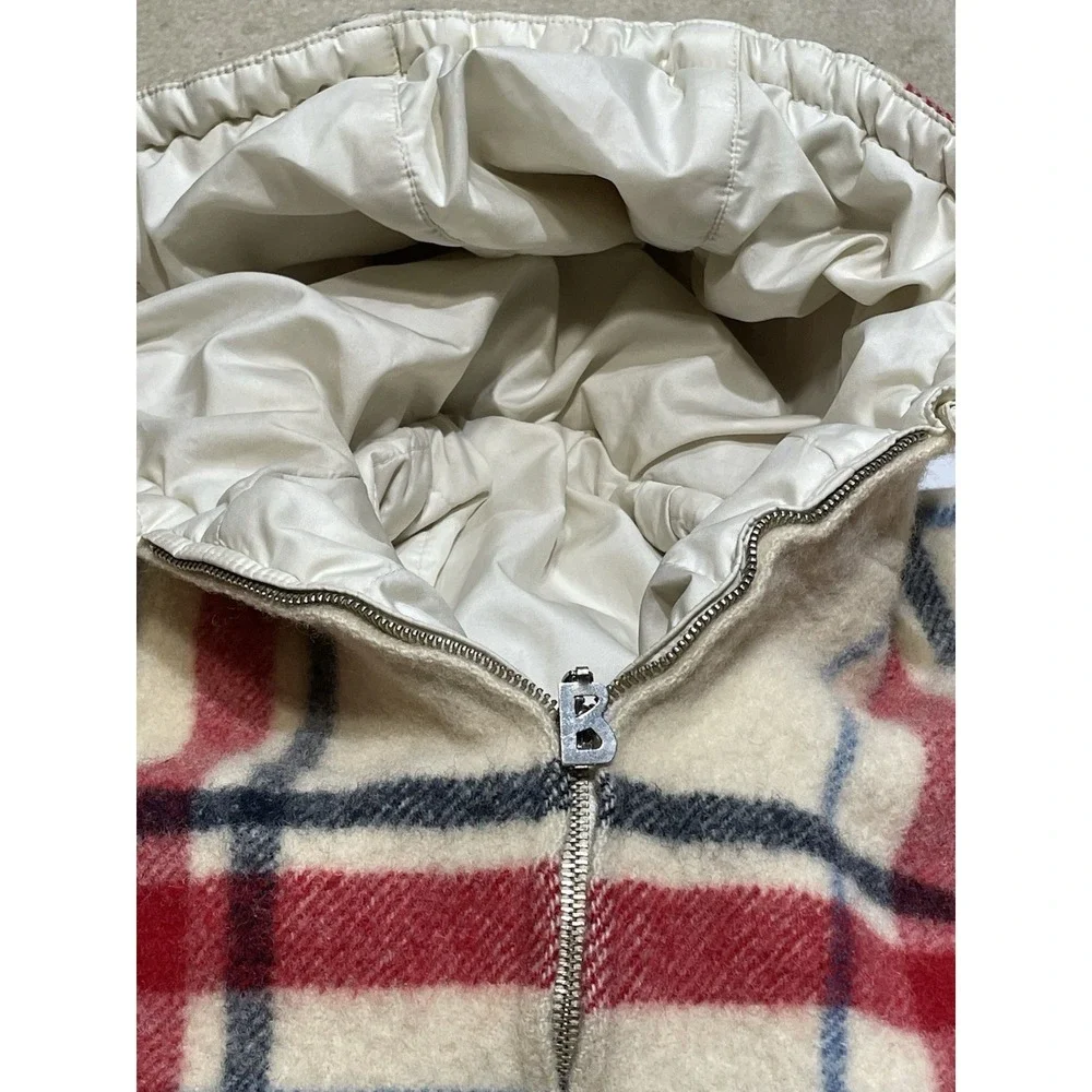 Vintage Bogner Reversible Puffer Jacket Plaid Wool Ivory Hooded Ski Bomber‎